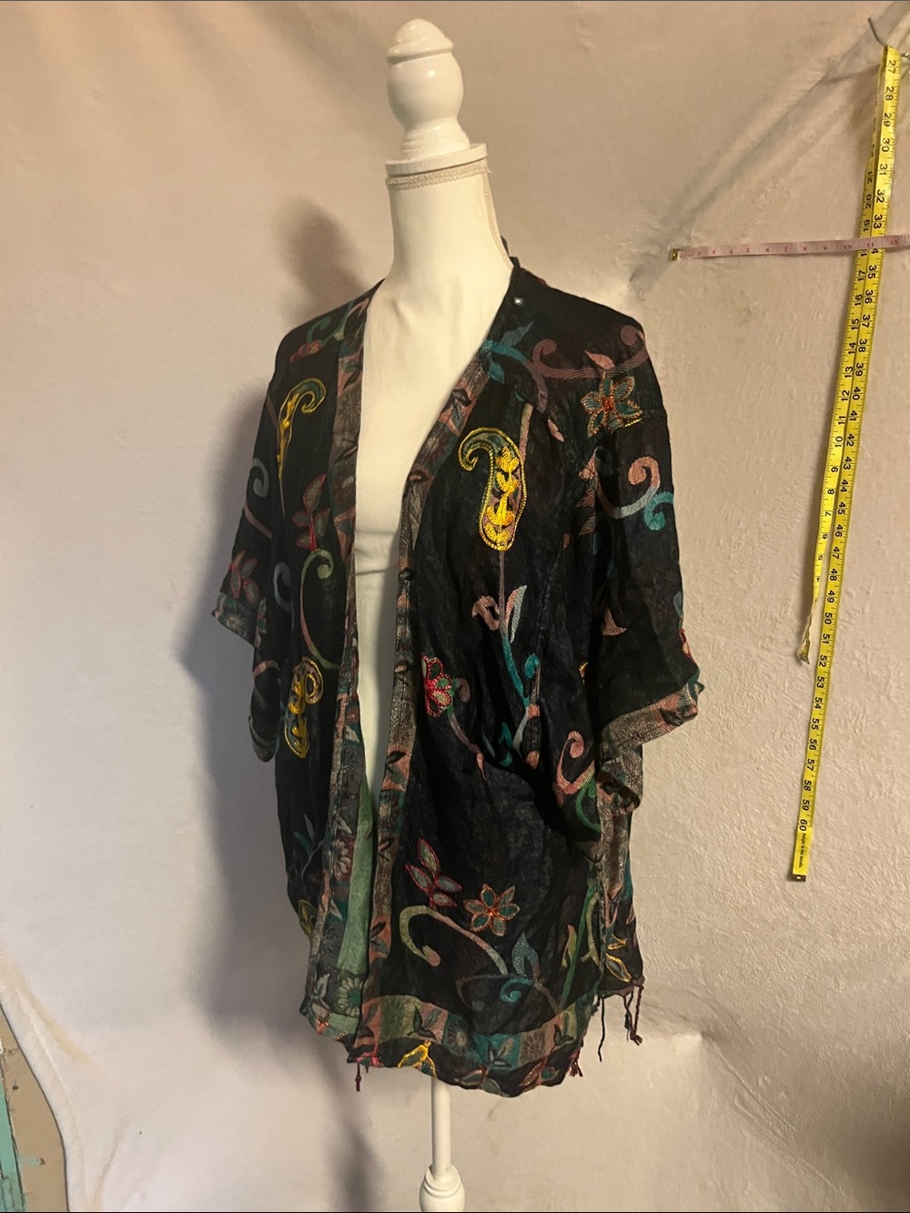 Black Embroidered Floral Open-Front Kimono